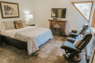 a bedroom with a bed and a television and a chair at Cobble Wood and Bird Sanctuary Guest Houses in Tofino