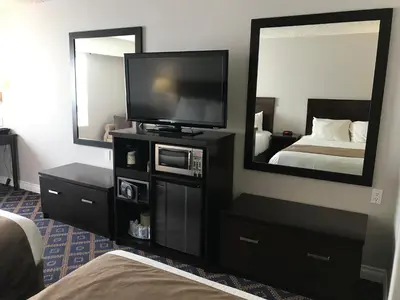 a bedroom with a tv and a bed and a mirror at Chateau Louis Hotel & Conference Centre in Edmonton