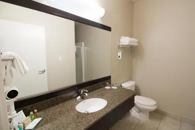 a bathroom with a sink and a toilet and a mirror at BCMInns - Lac La Biche in Lac La Biche