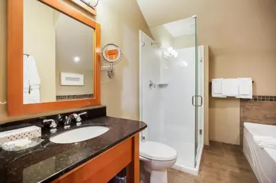 a bathroom with a sink and a toilet and a shower at Long Beach Lodge Resort in Tofino