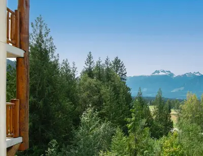 a view of a forest with mountains in the background at Coast Hillcrest Hotel in Revelstoke