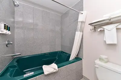 a bathroom with a green sink and a toilet at Days Inn by Wyndham Valemount in Valemount