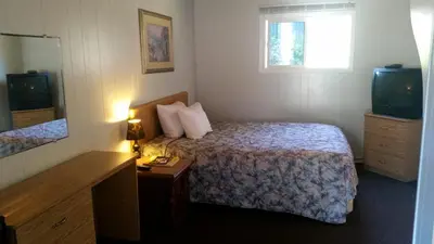 a hotel room with a bed and a television at Holiday House Motel in Penticton