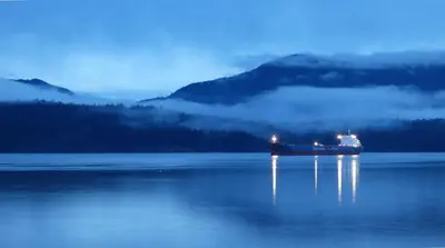 a large boat on the water at night at Oceanfront Suites at Cowichan Bay in Cowichan Bay