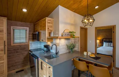 a kitchen with a sink and a bed in a room at Bear Hill Lodge in Jasper