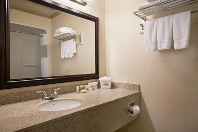 a bathroom with a sink and a mirror and towels at Days Inn by Wyndham High Level in High Level