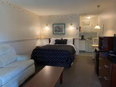 a bedroom with a bed and a couch and a kitchen at Motel Bavaria in Radium Hot Springs