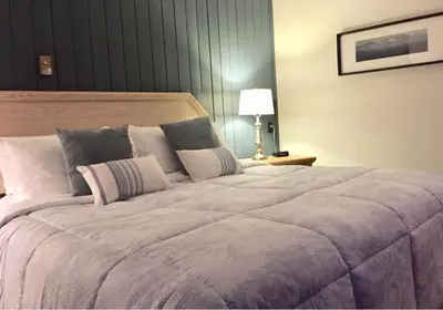 a large bed in a hotel room with a lamp at Piccadilly Motel in Radium Hot Springs
