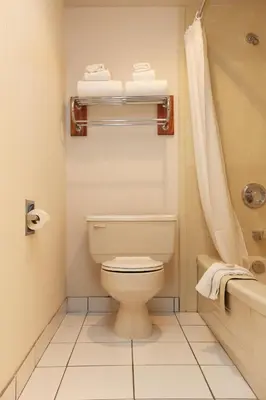 a bathroom with a toilet and a shower and a tub at St. Albert Inn & Suites in St. Albert
