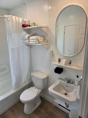 a white bathroom with a toilet and a sink at Lido Motel in Radium Hot Springs