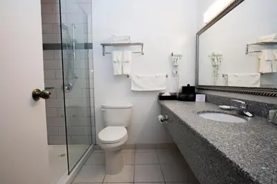 a bathroom with a toilet and a sink and a mirror at Tower Inn & Suites in Quesnel