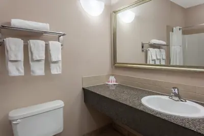 a bathroom with a sink and a toilet and a mirror at Ramada by Wyndham Brooks in Brooks