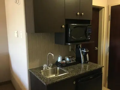 a kitchen with a sink and a microwave at Ramada by Wyndham Brooks in Brooks