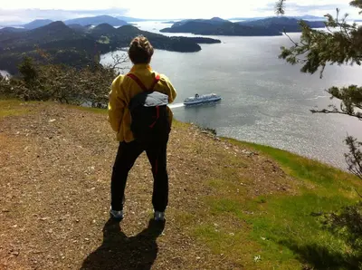 a man standing on a hill looking at a boat in the water at Sticks and Stones Cottage-Arbutus Grove in Galiano