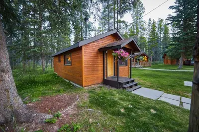 a small cabin in a field with a tree at Castle Mountain Chalets in Castle Junction