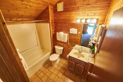 a small bathroom with a toilet and a sink at Castle Mountain Chalets in Castle Junction