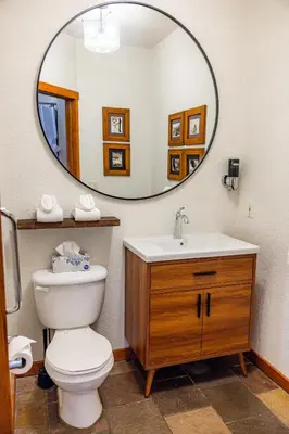 a bathroom with a toilet and a large mirror at A Bear and Bison Country Inn in Canmore