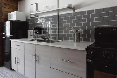 a kitchen with a counter with a sink and a refrigerator at Snow Valley Lodging in Fernie