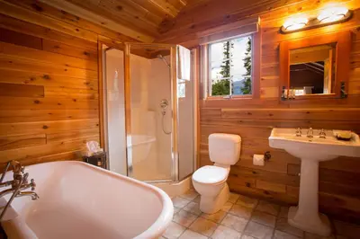 a bathroom with a tub and a toilet and a sink at Paradise Lodge and Bungalows in Lake Louise