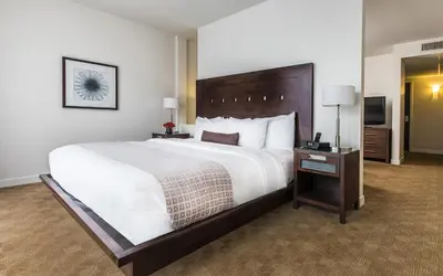 a hotel room with a large bed and a television at Metterra Hotel on Whyte in Edmonton