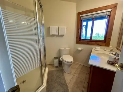 a bathroom with a toilet and a sink and a shower at Shangri-La Oceanfront vacation home in Pender Island