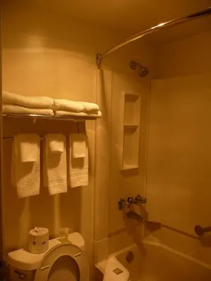 a bathroom with a toilet and a shower with towels at Super 8 by Wyndham Kamloops East in Kamloops
