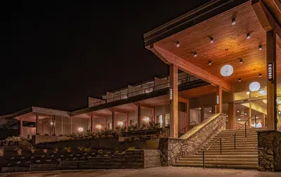 a building at night with lights at Harbour House Hotel in Ganges