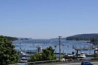 a view of a marina with boats in the water at Harbour House Hotel in Ganges