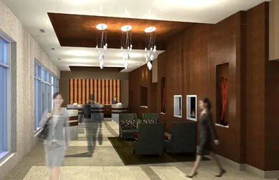 a rendering of a lobby with people walking at River Rock Casino Hotel in Richmond