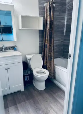 a bathroom with a toilet and a tub and a sink at Sunset Motel in Radium Hot Springs