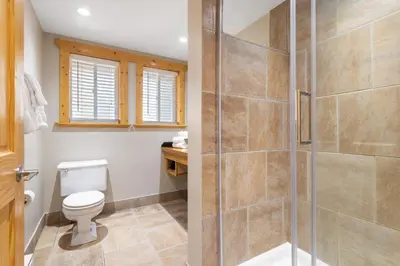 a bathroom with a toilet and a shower at West Coast Wilderness Lodge in Egmont