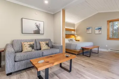 a living room with a couch and a bed at West Coast Wilderness Lodge in Egmont