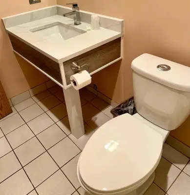 a bathroom with a white toilet and a sink at Swiss Village Inn in Golden