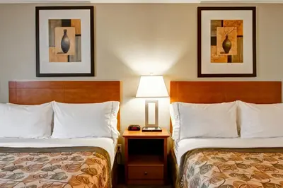 a hotel room with two beds and a table with a lamp at Canalta Jurassic - Drumheller in Drumheller