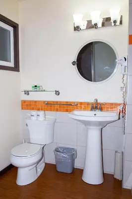 a bathroom with a sink and a toilet and a mirror at Bowmont Motel in Penticton