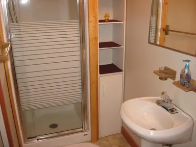 a bathroom with a shower and a sink at PineWood Guesthouse in Peachland