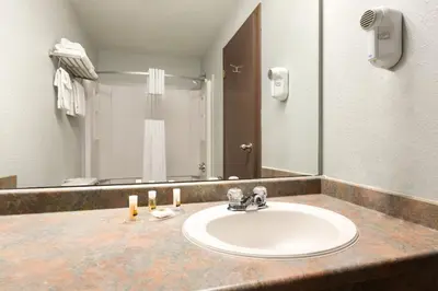 a bathroom with a sink and a large mirror at High Prairie Inn in High Prairie