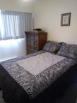 a zebra print bed in a bedroom with a dresser at Rosedale Manor in Duncan