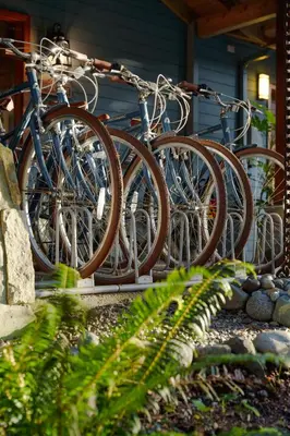 a row of bikes chained to a fence at Snug Harbour Inn in Ucluelet