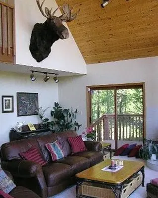 a living room with a leather couch and a table at End of the road B & B in Cranbrook