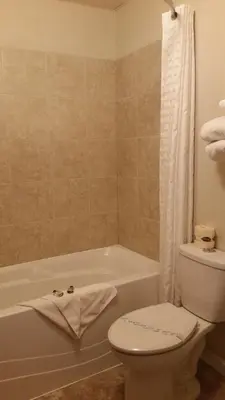 a bathroom with a toilet and a bath tub with a toilet at Chinook Country Inn in Sundre