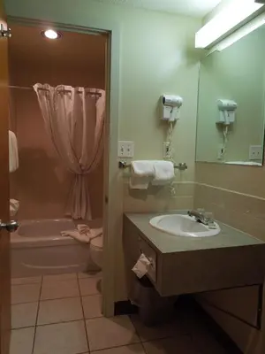 a bathroom with a sink and a toilet and a shower at Walking Eagle Inn & Lodge in Rocky Mountain House