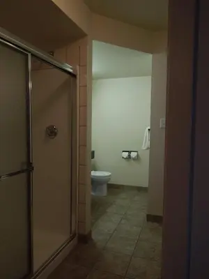 a bathroom with a shower and a toilet at Walking Eagle Inn & Lodge in Rocky Mountain House