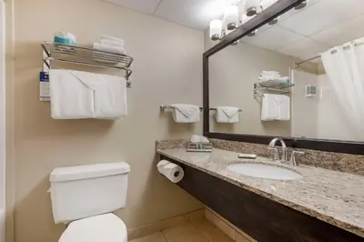 a bathroom with a sink and a toilet and a mirror at Best Western Rocky Mountain House Inn & Suites in Rocky Mountain House