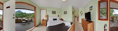 two pictures of a bedroom with a bed and a balcony at Sunshine Coast Resort in Madeira Park