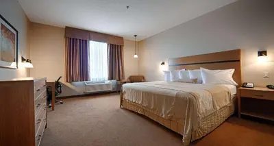 a hotel room with a bed and a window at Best Western Plus Chateau Inn Sylvan Lake in Sylvan Lake