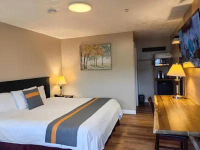 a hotel room with a large bed and a desk at Harbour Light Motel in Nanaimo