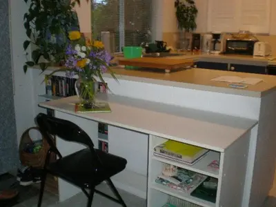 a kitchen counter with a vase of flowers on it at Island View B&B in Nanaimo