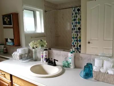 a bathroom counter with a sink and a shower at Casa Grande Lakeview House in West Kelowna