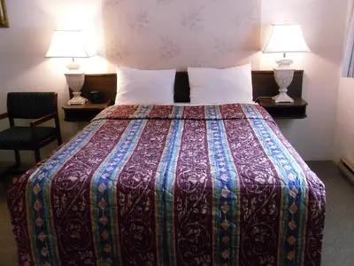 a hotel room with a large bed with two lamps at Canyon Alpine Motel in Boston Bar